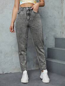 SHEIN ICON 女款休閒百搭牛仔Mom牛仔褲，附口袋 - 灰色 - 查看 7