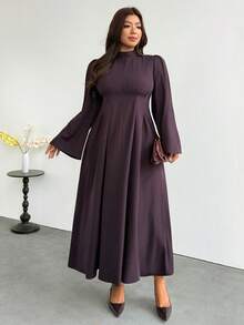 Firerie Vestido de talla grande elegante tradicional casual formal para ir al trabajo de unicolor con mangas acampanadas para el Día del Maestro, boda, cumpleaños, invitada de boda, color púrpura oscuro, otoño - Café integral - Ver 7