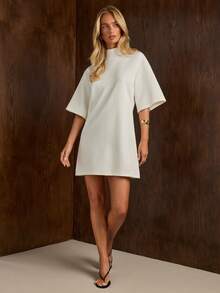 COSMINA Women's High Neck Mid-Sleeve Off-White Dress, Minimalist Elegant Fashion Daily Versatile, Streetwear, Home Wear Brunch Summer - White - View 5