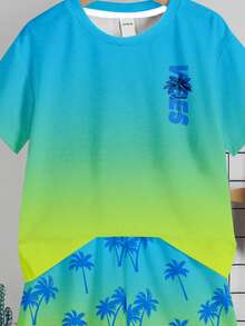 Conjunto de camiseta casual minimalista para niño joven, estampado clásico y elegante de playa de vacaciones, estampado clásico de patrón de árbol de coco, estampado de patrón de color degradado colorido - Multicolor - Ver 3