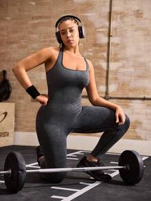 Powerista Jumpsuit Olahraga Pembentuk Tubuh Wanita Ukuran Besar dengan Motif Huruf, Potongan Belakang Model Racerback, Tanpa Jahitan, Cocok untuk Gym, Lari, Olahraga, Kebugaran, Bernapas, Sepanjang Musim - Grey - View 8