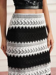 BELROSIE French Elegant 70's Women's Luxury Design Black And White Striped Checkered Contrast Lace Patchwork Straight Mid-Length Skirt Party Dinner Autumn - Black and White - View 1