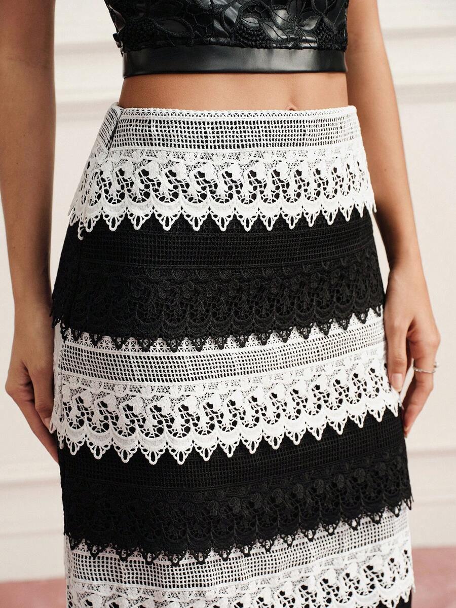 BELROSIE French Elegant 70's Women's Luxury Design Black And White Striped Checkered Contrast Lace Patchwork Straight Mid-Length Skirt Party Dinner Autumn - Black and White - View 1