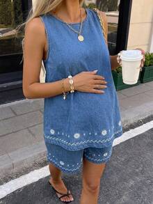 SHEIN Umstandsmode Blumenmuster Rundhals Tanktop und Shorts Lässig Denim Zweiteiler Set - Blau - Übersicht 4