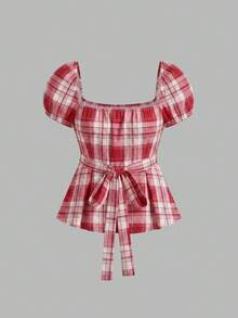 SHEIN Unity 女款春夏法式風粉色格紋花瓣袖小V領襯衫 - 彩色 - 查看 2