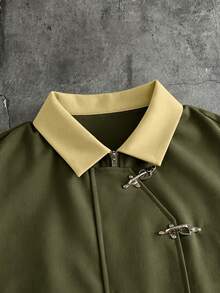 AXEPEAK Men's Contrast Color Lapel Collar Airplane Button Design Short Sleeve Shirt - Olive Green - View 4