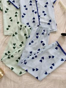 Dream Adore Set Piyama Lengan Pendek Kerah Kasual Motif Garis Hati 4 Potong dengan Tepi Bergelombang - MultiWarna - View 5