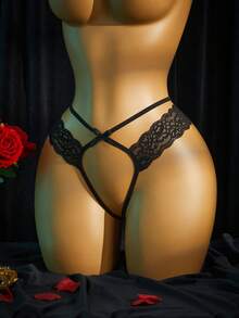 SpicyHot 1pc Black Crotchless Lace Sexy Panties,Sexy Lingerie For Women,Adult ,Honeymoon,Hot,Date Night,Lingerie,Lace Sexy Lingerie,Lingerie Set,Sexy Outfit - Black - View 3