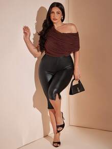 SHEIN BAE CURVE 大尺碼女款 PU 皮革緊身褲 - 黑色 - 查看 5