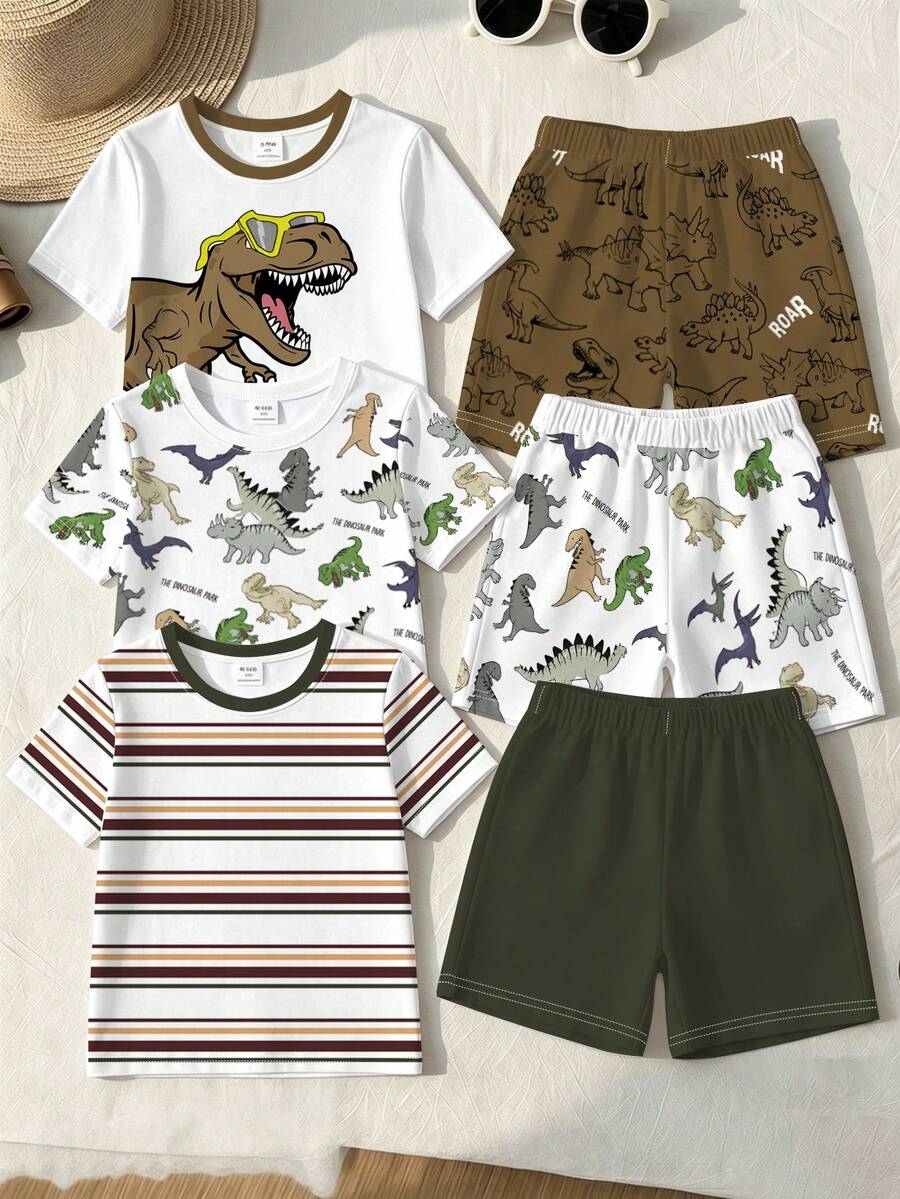 Boys Dinosaur Print Short Sleeve Set, New Summer Cartoon T-Shirt And Shorts 2-Piece Set, Baby Casual Sports Style Outfit, Versatile Children's Set, Cute Eye-Catching Style For Outings - Multicolor - View 1