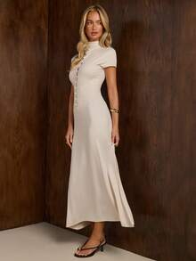 COSMINA Women's Elegant Fitted Pearl Long Dress Brunch Dinner Dresses For Wedding Graduation Dresses Elegant Dress For Women - Apricot - View 5