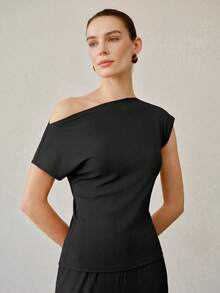 MOTF PREMIUM WOMEN'S CASUAL RUCHED ASYMMETRIC NECKLINE KNIT TOP & PANTS TWO PIECES SET - Black - View 4