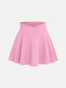 SHEIN Tween女孩春夏休閒運動高彈性舒適交叉腰褶邊下擺喇叭裙褲，附口袋瑜珈套裝，黑色 - 粉色 - 查看 8