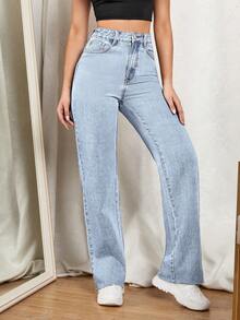 SHEIN EZwear 高腰直筒牛仔褲 - 淺色水洗藍 - 查看 3