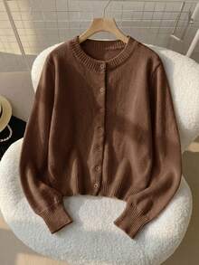 SHEIN Tween女孩寬鬆休閒極簡舒適圓領開襟純色秋冬毛衣 - 咖啡棕 - 查看 5