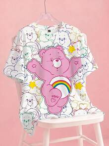 SHEIN X Care Bears 加大码宽松休闲卡通欢呼熊、睡前熊、好运熊、爱心熊、趣味熊、温柔熊印花圆领短袖白色 T 恤，夏季 - 白色 - 查看 1
