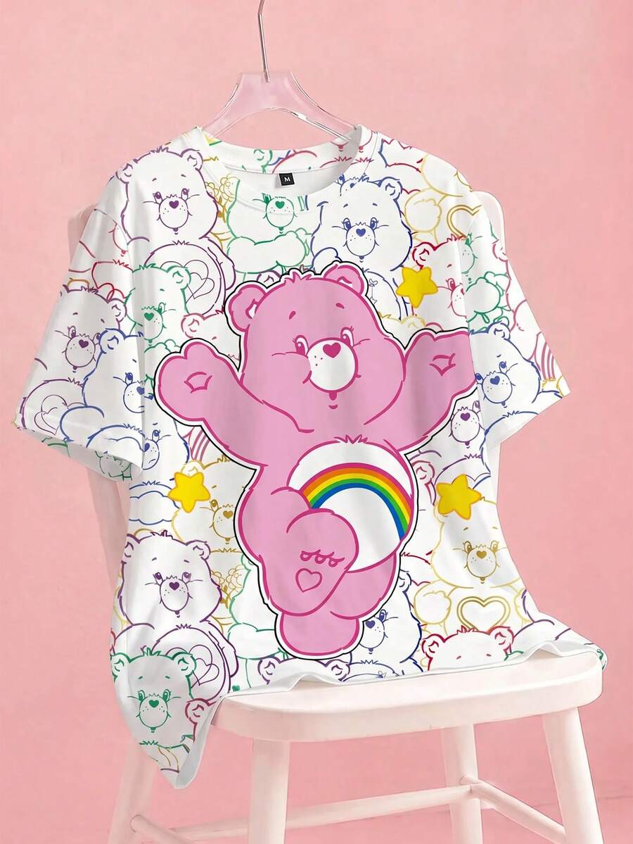 SHEIN X Care Bears 加大码宽松休闲卡通欢呼熊、睡前熊、好运熊、爱心熊、趣味熊、温柔熊印花圆领短袖白色 T 恤,夏季 - 白色 - 查看 1