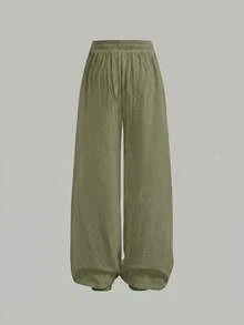 SHEIN Pantalones largos de unicolor con cintura con cordón, casuales y versátiles para uso diario para adolescentes - Verde militar - Ver 2