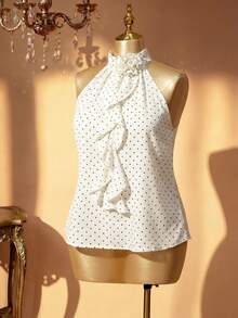 Rometta Plus Size Polka Dot Halter Neck Top With 3D Floral Ruffle Sleeveless Blouse - White - View 5