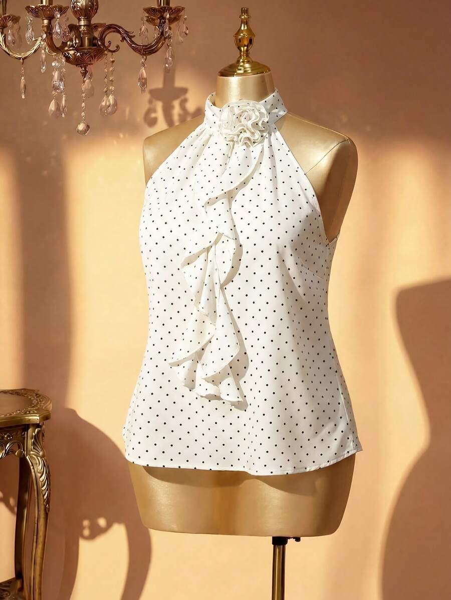 Rometta Plus Size Polka Dot Halter Neck Top With 3D Floral Ruffle Sleeveless Blouse - White - View 1