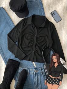 Comfortcana Casual Versatile Solid Color Long Sleeve Plus Size Women's T-Shirt Fall - Black - View 2
