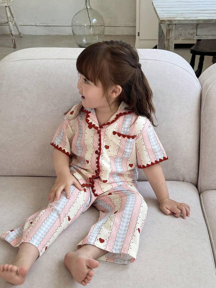 DAZY 女嬰條紋短袖上衣與長褲家居服幼兒 - 藕粉色 - 查看 1