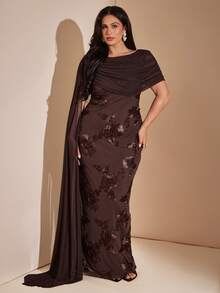 SHEIN BAE CURVE Plus Size Women's Brown 3D Floral Extra Long Dress,Wedding Formal Evening Dinner,Back To School,Party,Graduation,Going Out,Birthday,Elegant Autumn - Brown - View 6