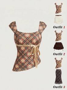 SHEIN MOD Top de tirantes a cuadros para mujer con decoración de lazo y cinta, y bajo asimétrico diagonal - Caqui - Ver 3