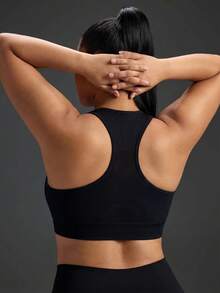 Powerista Women's Plus Size Solid Color Racerback Sports Bra Front-Opening Zipper For Sports, Fitness, Running, And Leisure Black Workout All Seasons  Going Out - Black - View 5