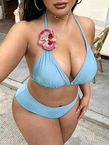Swim SXY Plus Size 3pcs Floral Accent Solid Color Sexy Women Swimwear Set - Blue - View 3