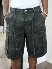 STEELVANCE 男士街頭風休閒多口袋拼接工裝腰繩迷彩牛仔短褲 - 軍綠色 - 查看 4