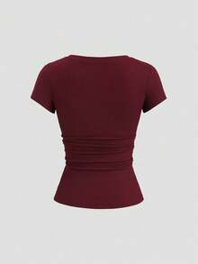 Sweetra 女款街頭風半開袖鏤空飾蕾絲 2 合 1 短袖純色 T-shirt - 酒紅色 - 查看 2
