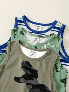 Conjunto de 3 piezas de camisetas sin mangas cómodas con estampado de dibujos animados simple y casual para niños pequeños, adecuado para primavera y verano - Multicolor - Ver 3