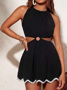 Travachic Women's Color Block Hollow Out Halter Neck Mini Dress, Fashionable For Dates,Dresses For Women Summer, Elegant Work Wear, Festival Outfits, Country - Black - View 4