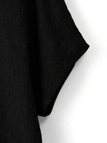 SHEIN Camisa casual de mujer de talla grande con cuello redondo y textura de unicolor - Negro - Ver 4