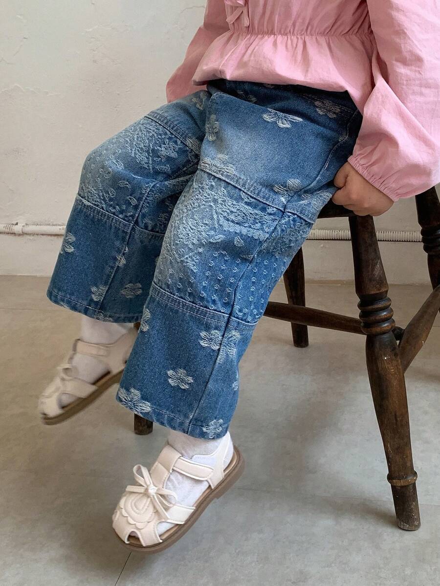 Dazy Kids Infant/Toddler (Girl) Washed Patchwork Korean Style Versatile Denim Jeans Fall - Blue - View 1
