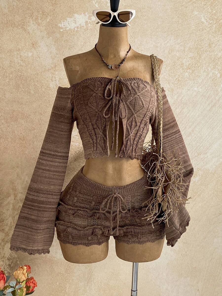 Soleia 女款棕色漸層露肩荷葉邊喇叭袖針織衫兩件套,優雅波西米亞熱帶風,適合返校季、休閒度假、西式海灘婚禮賓客、畢業早午餐、聖帕特里克節、春假、復活節、音樂節 - 棕色 - 查看 1