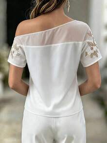 SHEIN Women's Elegant Vacation Casual Date Party Floral Embroidery Mesh Satin Camisole White Summer - White - View 2