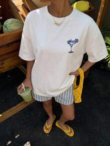 Muchica 女款夏季字母雞尾酒印花圓領短袖T恤搭配藍色條紋短褲休閒兩件套，適合春/夏、度假、百搭風格 - 彩色 - 查看 3
