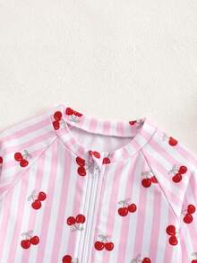 SHEIN Baby Girl Summer Vacation Striped Cherry Print Zipper Half-Open Shoulder One-Piece Swimsuit - Multicolor - View 3
