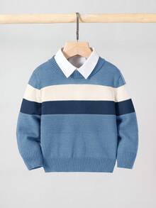 SHEIN 兒童小男孩條紋圓領長袖休閒秋冬毛衣 - 彩色 - 查看 3