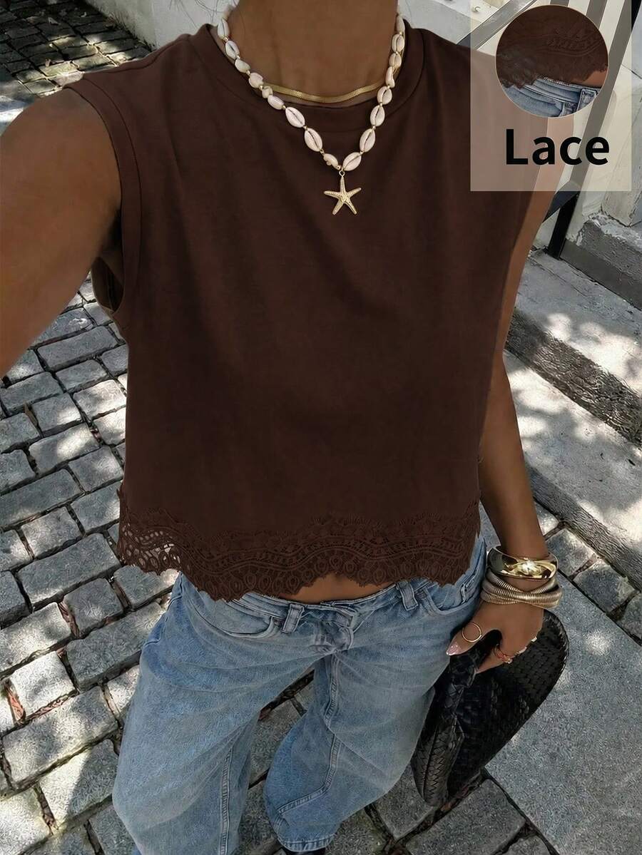 Siren Gaze Spring/Summer New Solid Color Lace Patchwork Round Neck Camisole For Women,Summer Top - Coffee Brown - View 1
