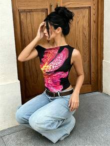 Siren Gaze 女款休閒優雅修身不對稱單肩背心，花卉印花度假穿搭，夏季、外出、扶桑花印花、優雅、沙灘裝、街頭穿搭，適合日常通勤、約會、派對、秋冬春夏、聖誕節、新年、感恩節、派對、婚禮、沙灘、畢業典禮、時尚 - 彩色 - 查看 6