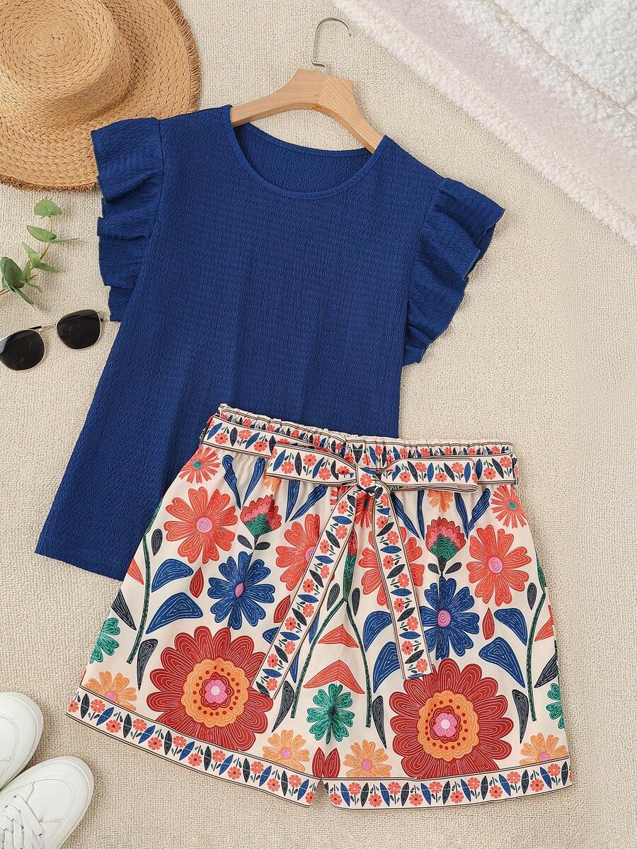 SHEIN LUNE 大尺碼女款純色圓領上衣與花卉印花短袖休閒日常兩件套 - 彩色 - 查看 1
