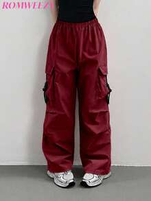 Tween Girls' Solid Color Elastic Waist Casual Versatile Cargo Pants - Burgundy - View 3