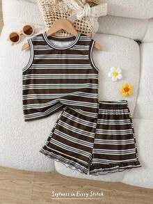 SHEIN Vintaside Kids 復古棕色條紋少女背心上衣套裝，無袖圓領搭配同款條紋短褲，柔軟親膚，版型俐落，打造清新時尚的少女造型，適合夏季穿著 - 棕色 - 查看 2