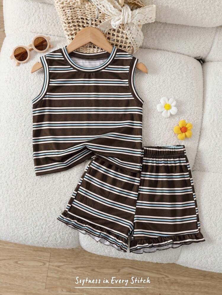 SHEIN Vintaside Kids 2pcs Girls' Summer Sleeveless Set,Family Matching Floral&Plaid Soft Comfortable Home Outdoor Wear,Fuchsia Top+Shorts Loose Fit Casual Cartoon Outfit - Brown - View 2