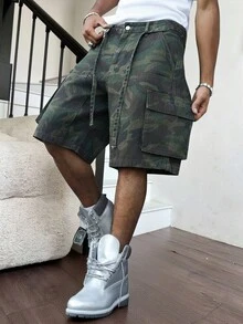 STEELVANCE 男士街頭風休閒多口袋拼接工裝腰繩迷彩牛仔短褲 - 軍綠色 - 查看 8