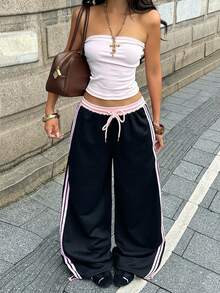 Coolane 女款夏季街頭風運動休閒運動服，黑色與粉色拼接條紋紋理裝飾寬腿運動長褲，適合健身房運動、日常休閒與畢業照拍攝 - 彩色 - 查看 4