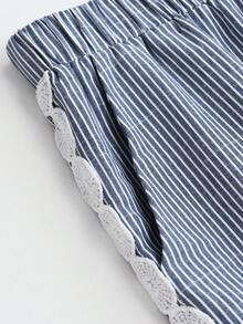 Linhara CURVE 大尺碼女款春夏棉麻條紋休閒舒適基本款七分褲，鈕扣裝飾，日常度假沙灘褲 - 藏蓝色 - 查看 3